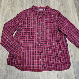 Halogen Embellished Red Plaid Button Up Shirt Blouse Women's Large Holiday